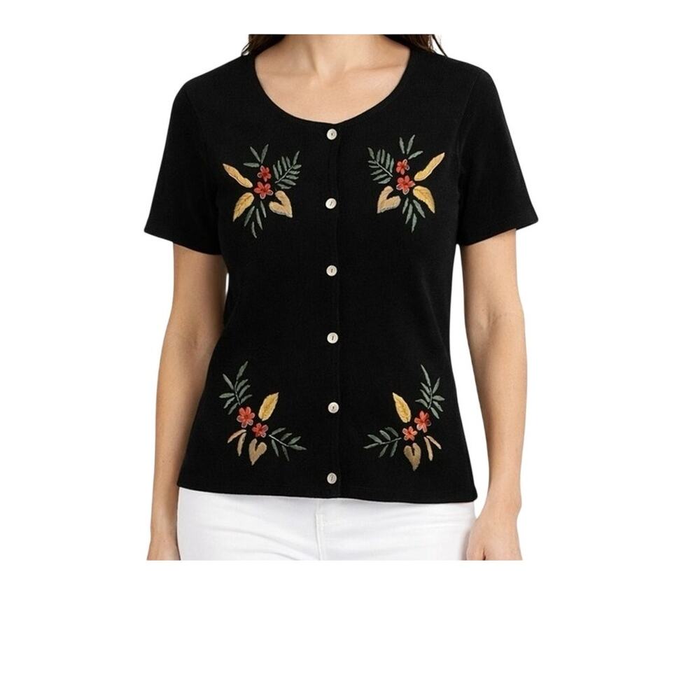 Vintage 90s Embroidered Sweater Black Ramie Cotton Floral Short Sleeve Size S